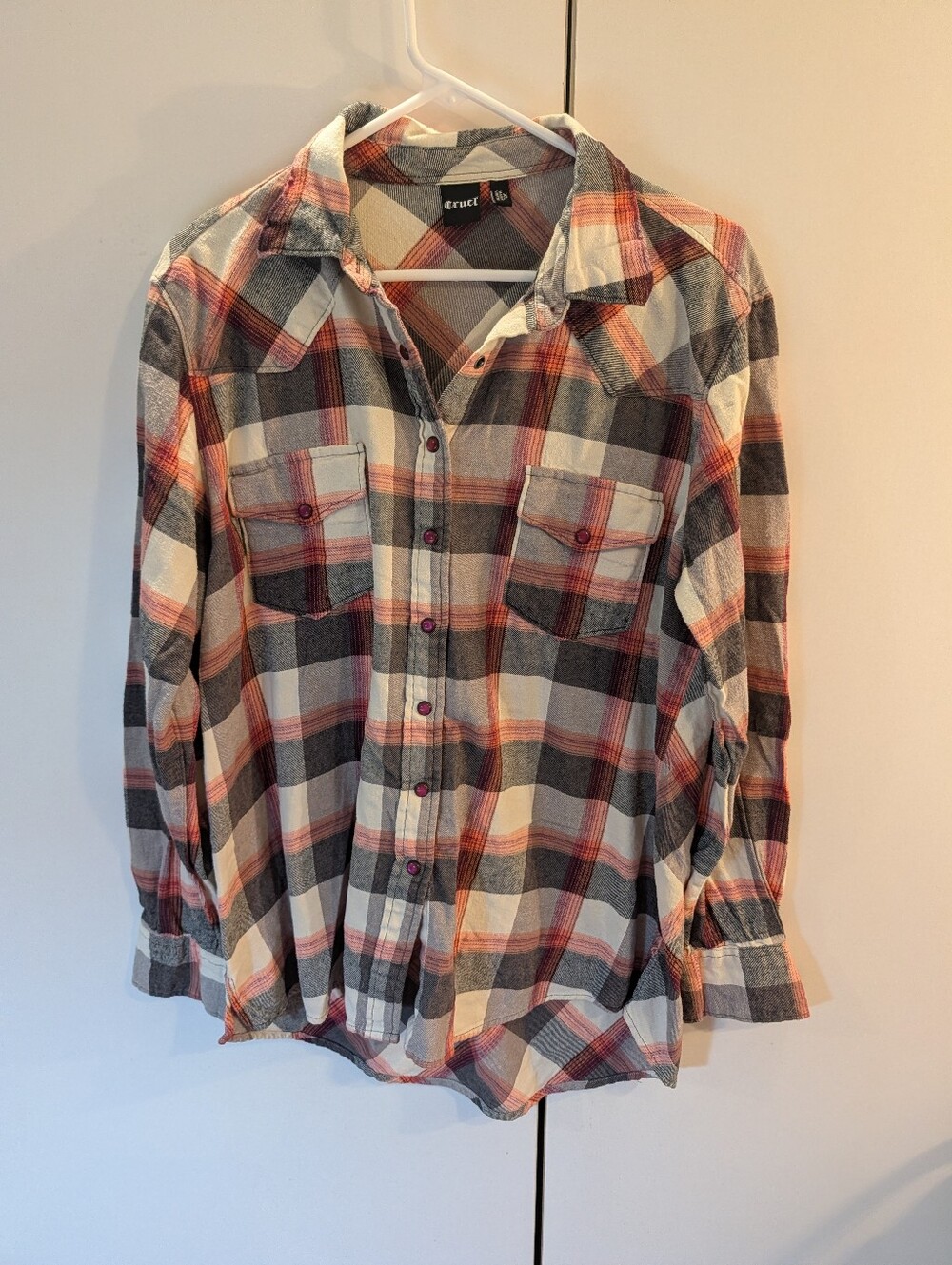 Cruel Woman's XL Red, Black & White Plaid Button-Down Shirt